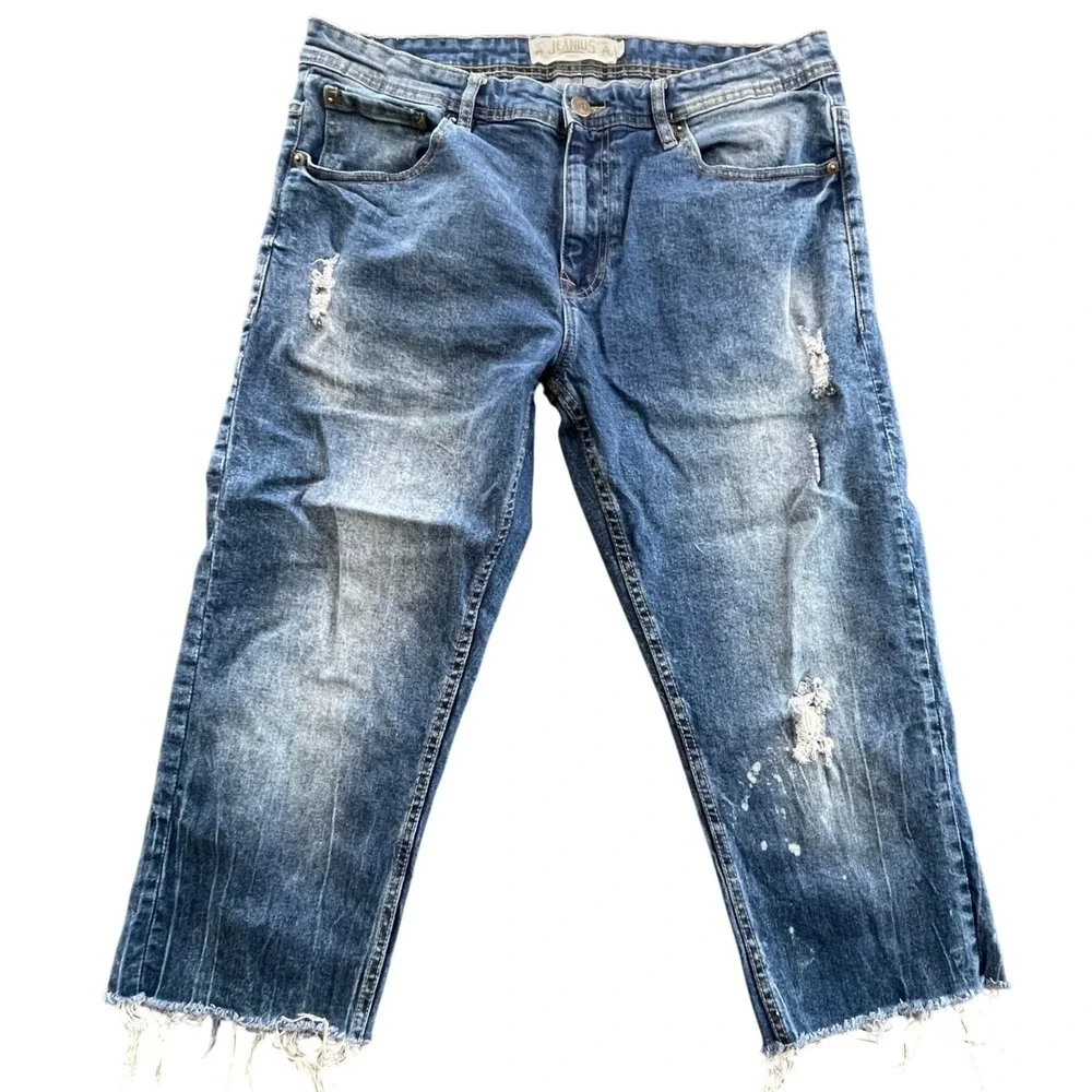 Jeanius Distressed Cropped Jeans Mens 36 Blue Grunge Thrashed Streetwear Raw Hem